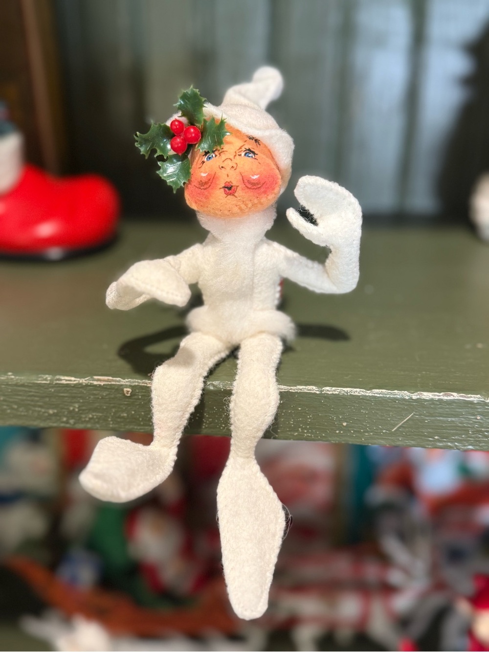 Annalee White Holiday Elf Plush Sitting Décor with Holly Accent